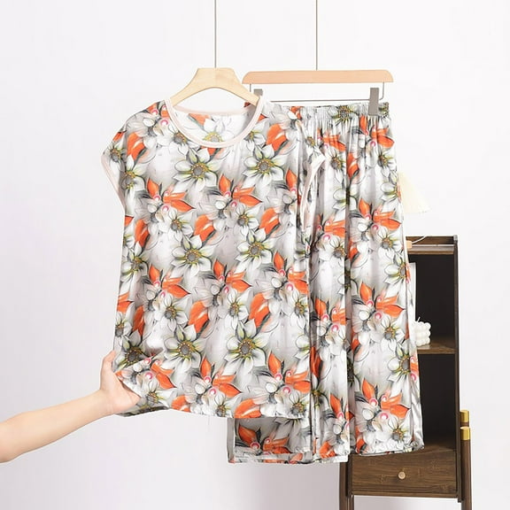 WCJM Women Pajama Sets Pajamas Set Womens Loungewear Sleepwear 2 Piece PJ Sets Printed Artificial Cotton Set Large Size Thin Floral Loose Home Clothing