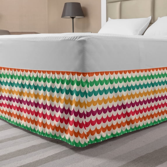 Colorful Bed Skirt, Computer Graphics of Vibrant Wavy Motifs and Swift Streaks Surreal Abstract Art, Elastic Bedskirt Dust Ruffle Wrap Around for Bedding Decor, 4 Sizes, Multicolor, by Ambesonne
