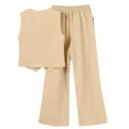 thumbnail image 5 of Conjunto informal de algodón de 2 piezas para mujer: camisa sin mangas con botones y pantalones rectos de pierna ancha con bolsillos, diseño sexy en el pecho, para el día a día/formal., 5 of 5