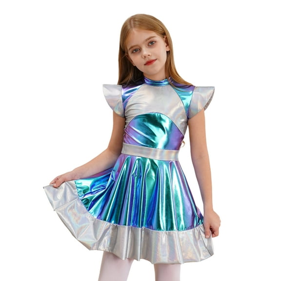 TiaoBug Girls Halloween Alien Dresses Cap Sleeve High Waist Metallic A-Line Dress Space Dress Up Silver 6