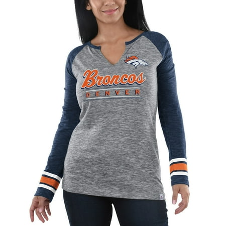- Denver Broncos Majestic Women's Lead Play Long Sleeve V-Notch T-Shirt - Heathered Gray/Heathered Navy