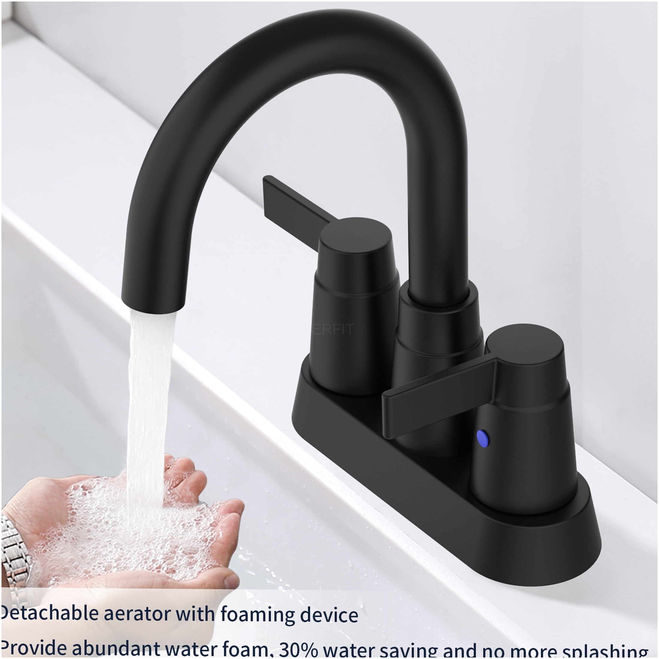 JERFIT Modern 2-Handle Centerset Bathroom Sink Faucet with 360° Swivel Spout, High Arc Matte Black 4" 3-Hole Deck Mount Faucet