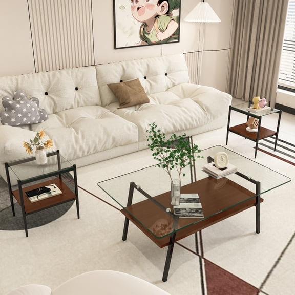 CoSoTower Coffee Table and End Tables Set of 3, Tempered Glass Table with MDF Layer, Modern Tables for Living Room , Transparent Glass