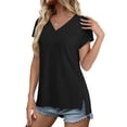 thumbnail image 4 of MOSHU V Neck T-Shirts for Womens Side Split Short Sleeve Shirts Loose Fit Tee Dressy Casual Women Tops, 4 of 12