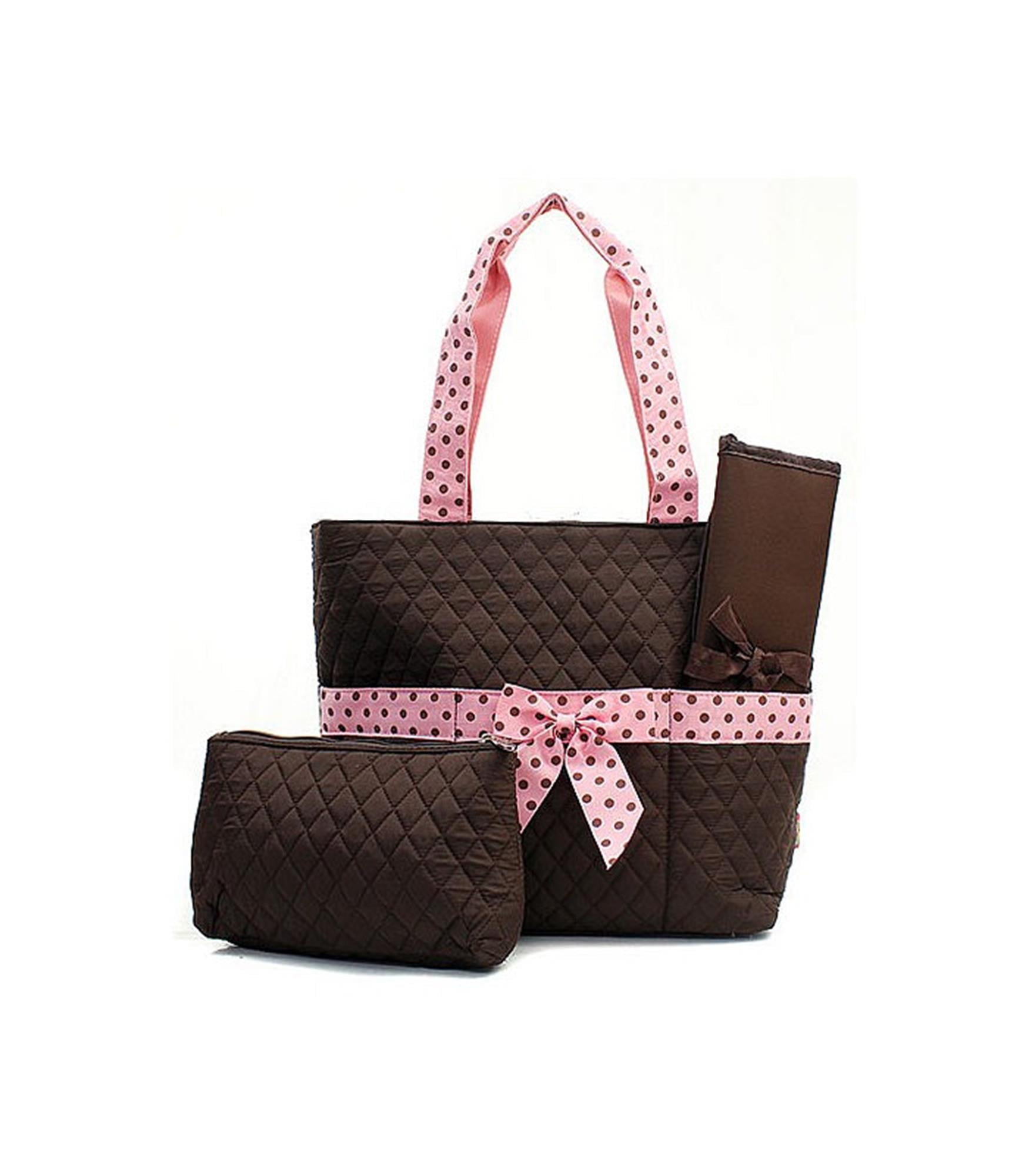Quilted Diaper Bag 3Piece Set, Solid Brown/Pink By Quilted