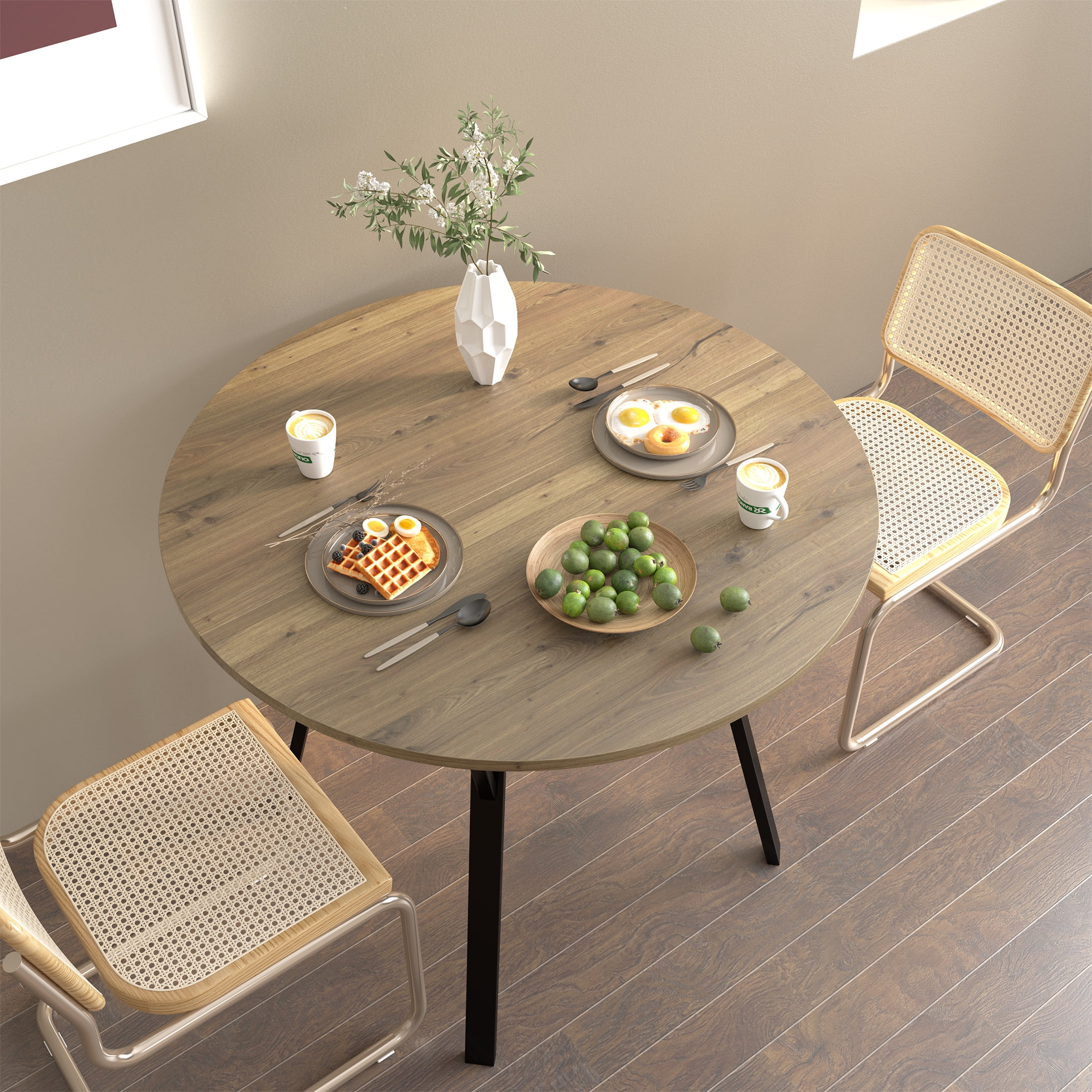 PORKISS Round Dining Table for 4, Small Circle Kitchen Table with Metal Black Legs for Kitchen Living Room (Only Table), 35.43" Table, Rustic Brown