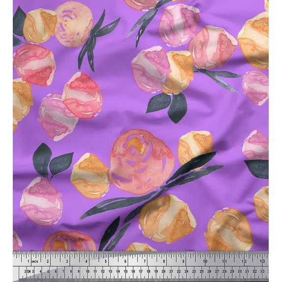 Soimoi Velvet Fabric Flower & Leaves Watercolor Print Fabric by Yard 58 Inch Wide