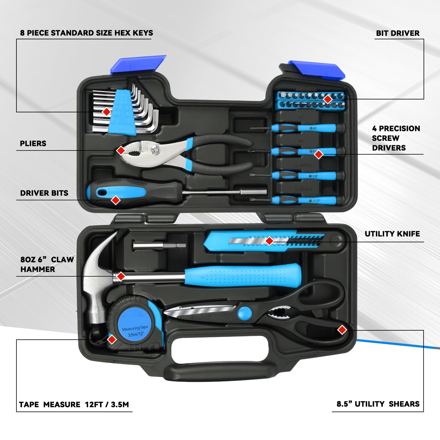 39Pcs Home Repair Hand Tool Set Toolbox Bit Drive Plier Hammer Scissor Hex Key Househeld Garage Garden Office DIY Blue