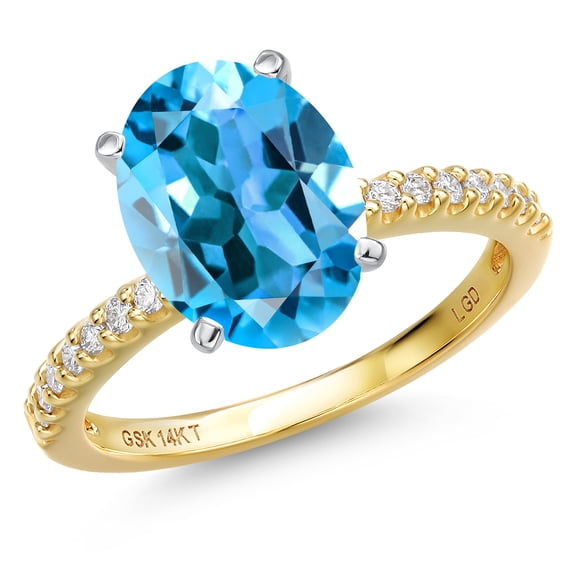 Gem Stone King 14K Two Tone Gold Swiss Blue Topaz and Lab Grown Diamond Engagement Ring for Women | 4.16 Cttw | Oval 11X9MM | Gemstone November Birthstone | Size 7