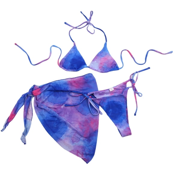 Jesscasday 3 Pieces Lace Up Swimsuit for Women Tie Dye Swimwear Tie Side Set with Beach Skirt Bathing Suit