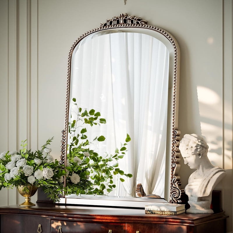 Gleamira 32"x 24" Antique Arched Bathroom Mirror Vanity Mirror Decor Wall Mirror, Antique Silver