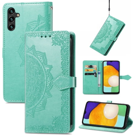 SaniMore for Samsung Galaxy A13 5G 6.5 2021 Wallet Case with Embossed Mandala PU Leather Flip Protection Wrist Strap Credit Card Holder Pocket Kickstand Shockproof Case for Galaxy A13 5G Green