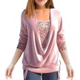 thumbnail image 3 of Blusa de lentejuelas para mujer de manga larga brillante túnica drapeada fluida fiesta jersey con cordón dobladillo con purpurina, 3 of 5