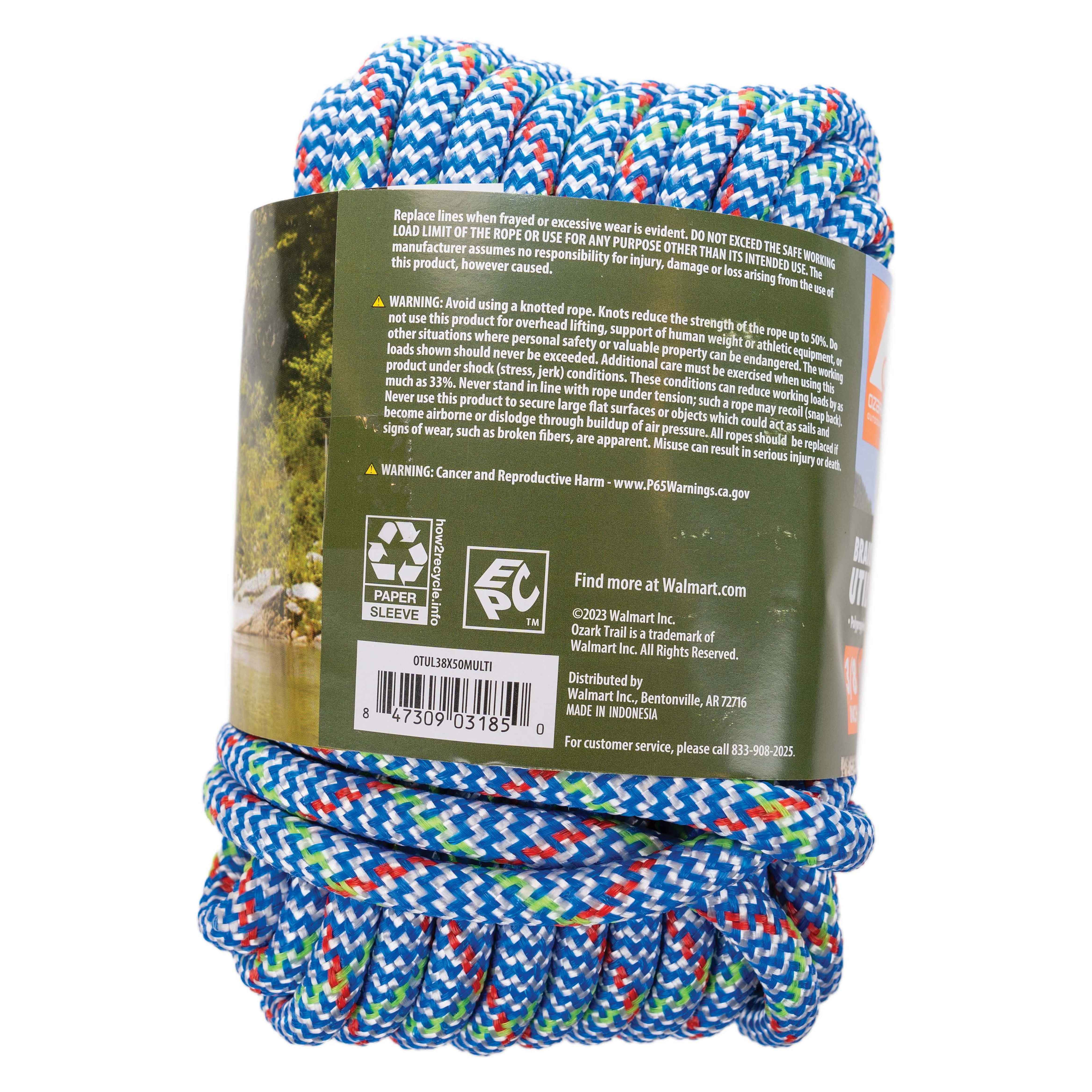 Ozark Trail Braided Polypropylene Utility Line, 3/8 in x 50 ft, High Visibility, 200 lb Maximum Working Load