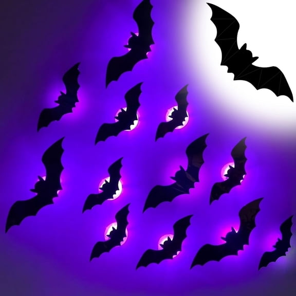 Halloween 3D Lighted Bats, Glowing Bat Stickers & Hanging Ornaments for Windows, Walls, Bedrooms, Indoor/Outdoor Halloween Party Decor