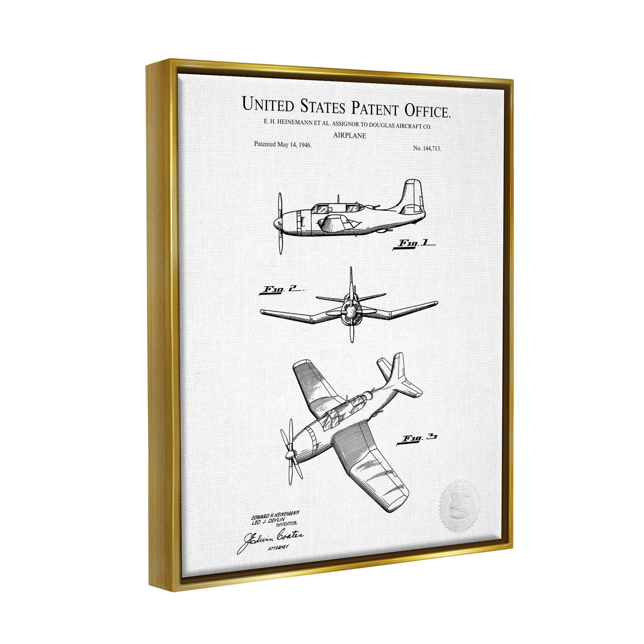 Stupell Industries Detailed Aircraft Patent Chart Graphic Art Metallic Gold Floating Framed Canvas Print Wall Art, Design by Karl Hronek