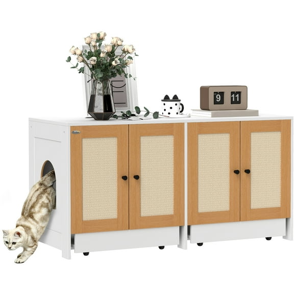 PawHut Cat Litter Box Enclosure w/ 2 Cabinets for 2 Cats, White
