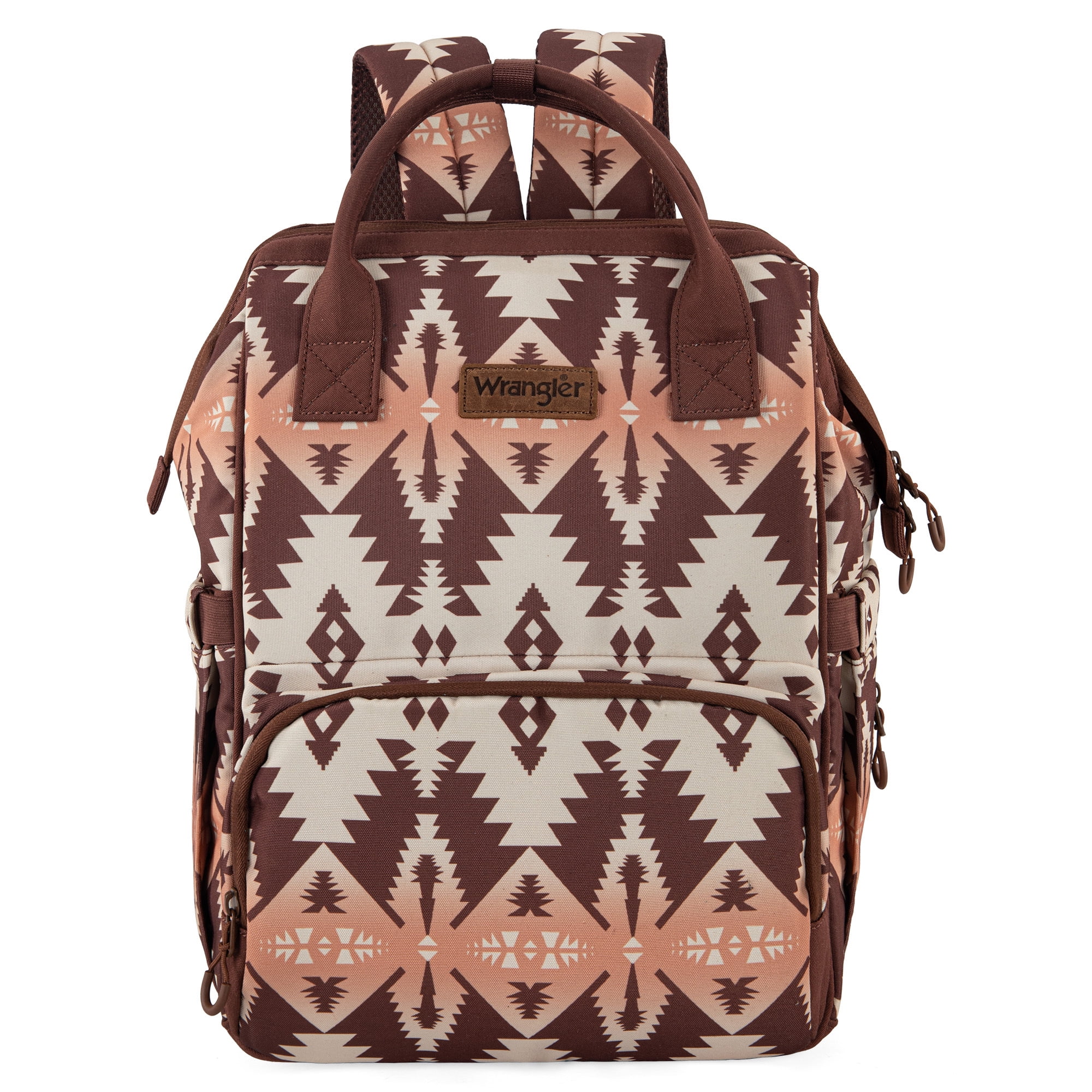 Wrangler Aztec Travel Backpack Baby Bag for Women with Stroller Strap and Side Bottle Pockets Organized Diaper Bag, Brown