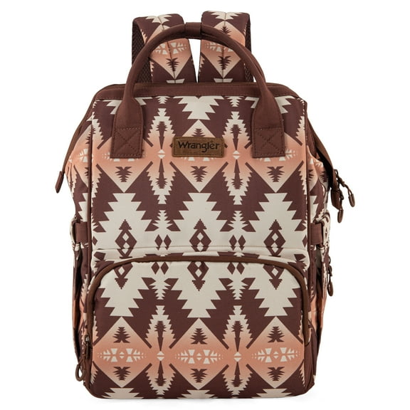 Wrangler Aztec Travel Backpack Baby Bag for Women with Stroller Strap and Side Bottle Pockets Organized Diaper Bag, Brown