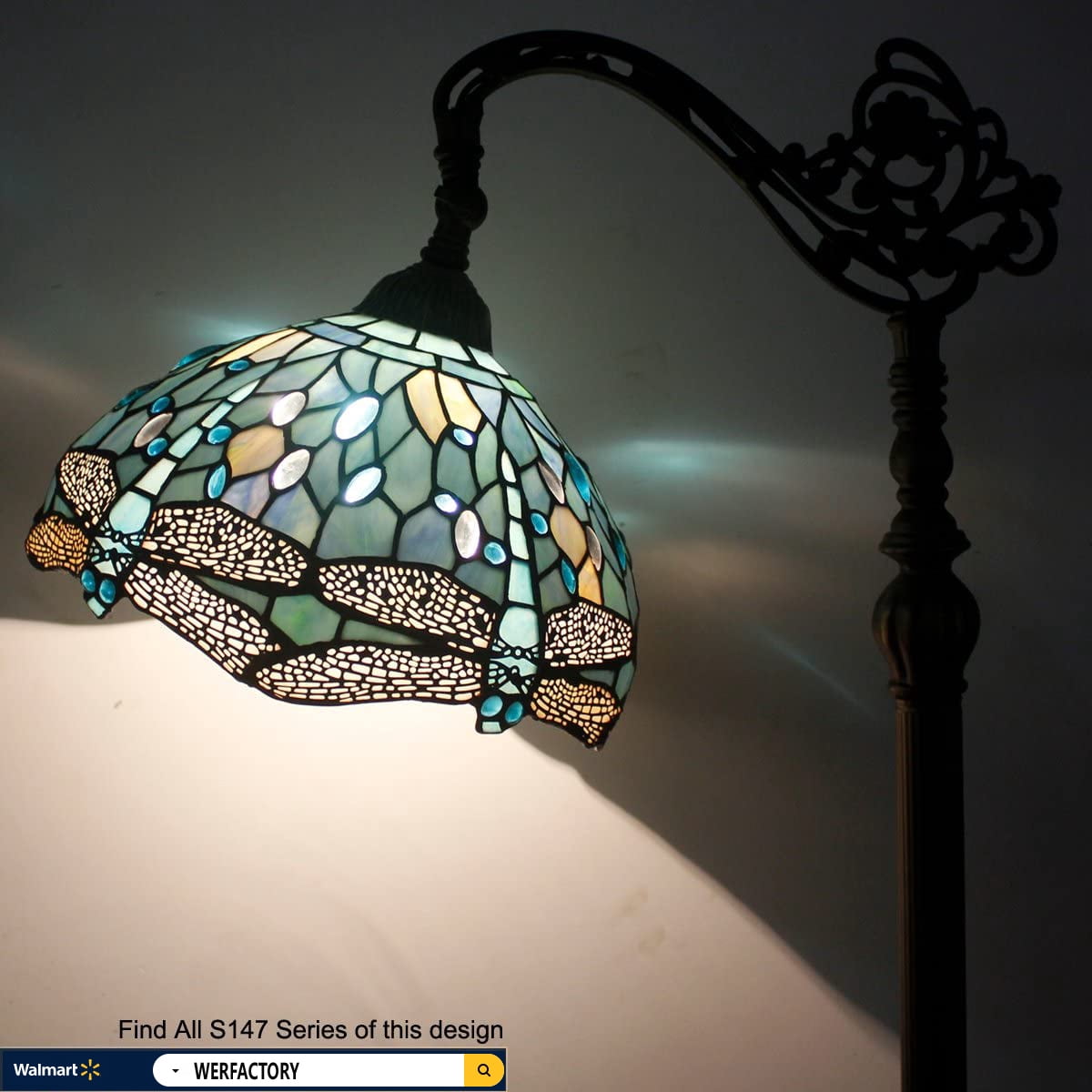 WERFACTORY 64" Victorian Bronze Antique Floor Lamp with Stained Glass Multicolor Dragonfly Bowl