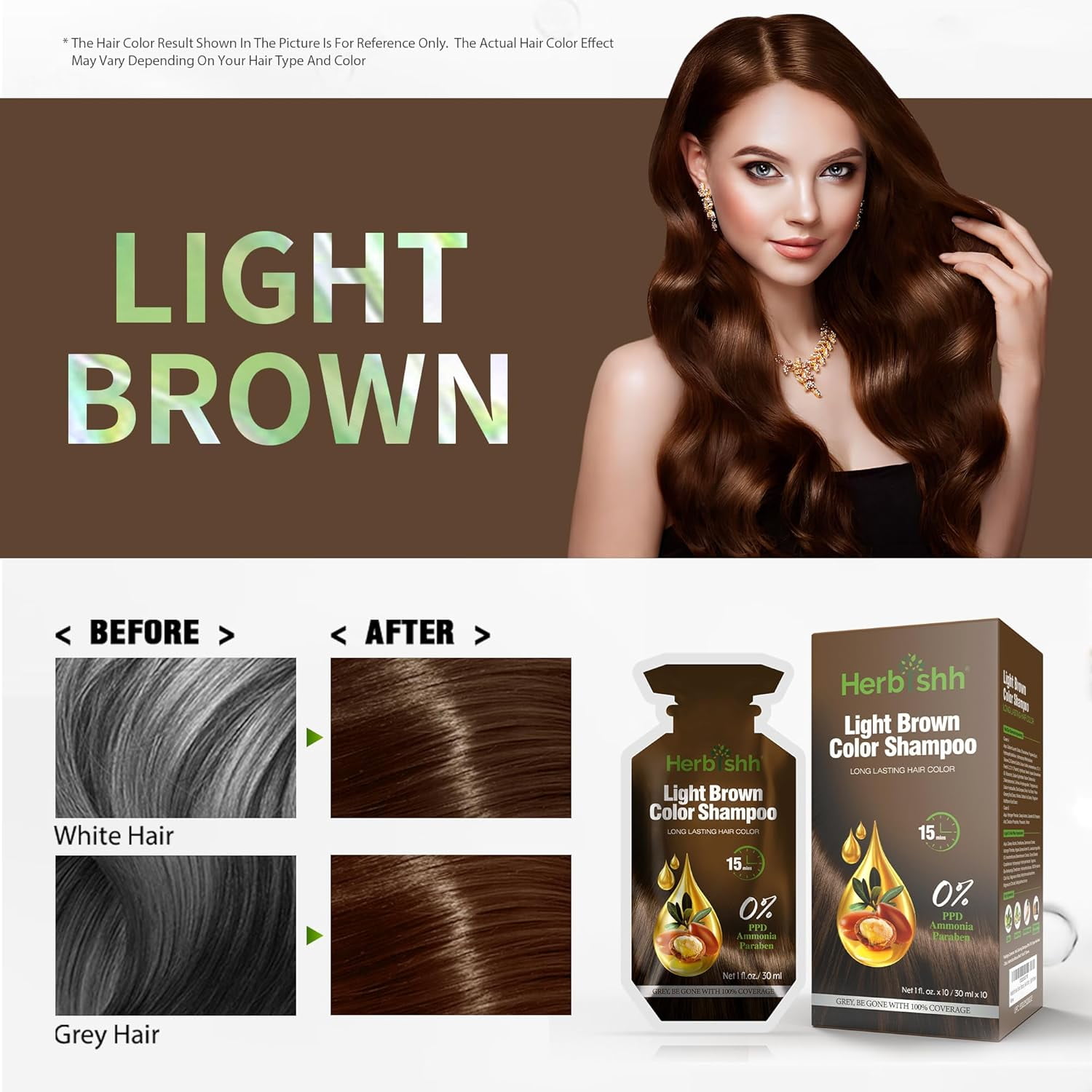 (6 pack) Herbishh Hair Color Shampoo 10 Sachet +1 Argan Hair Mask Pouch | 3 in 1 Hair Dye | PPD Free | Easy to Use | Gray Coverage | Travel Size | Available in 6 Colors | (Light Brown)
