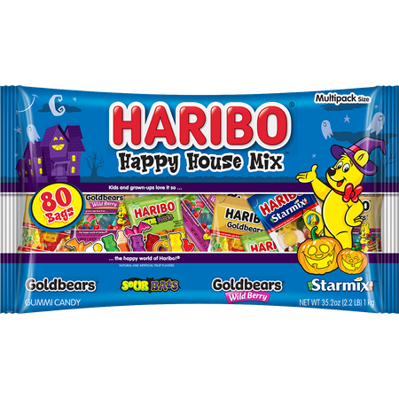 HARIBO Happy House Mix Halloween Assorted Fruit Flavor and Shapes Gummy Candy, 32oz Bag, 80ct Mini Gummy Pouches