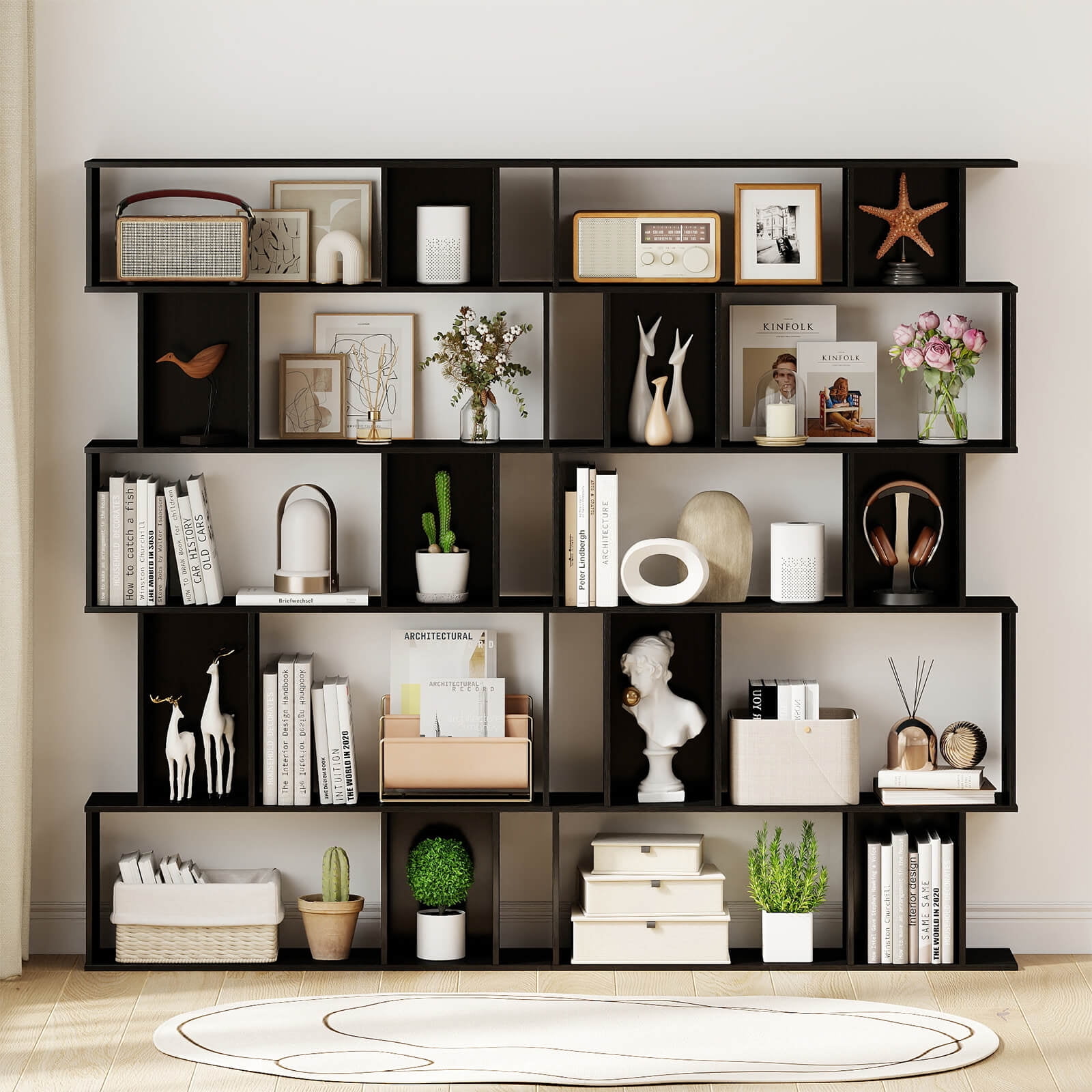 Costway 2 PCS 5-Tier Geometric Bookshelf with Open Shelves Closed-back Cubes for Living Room Black