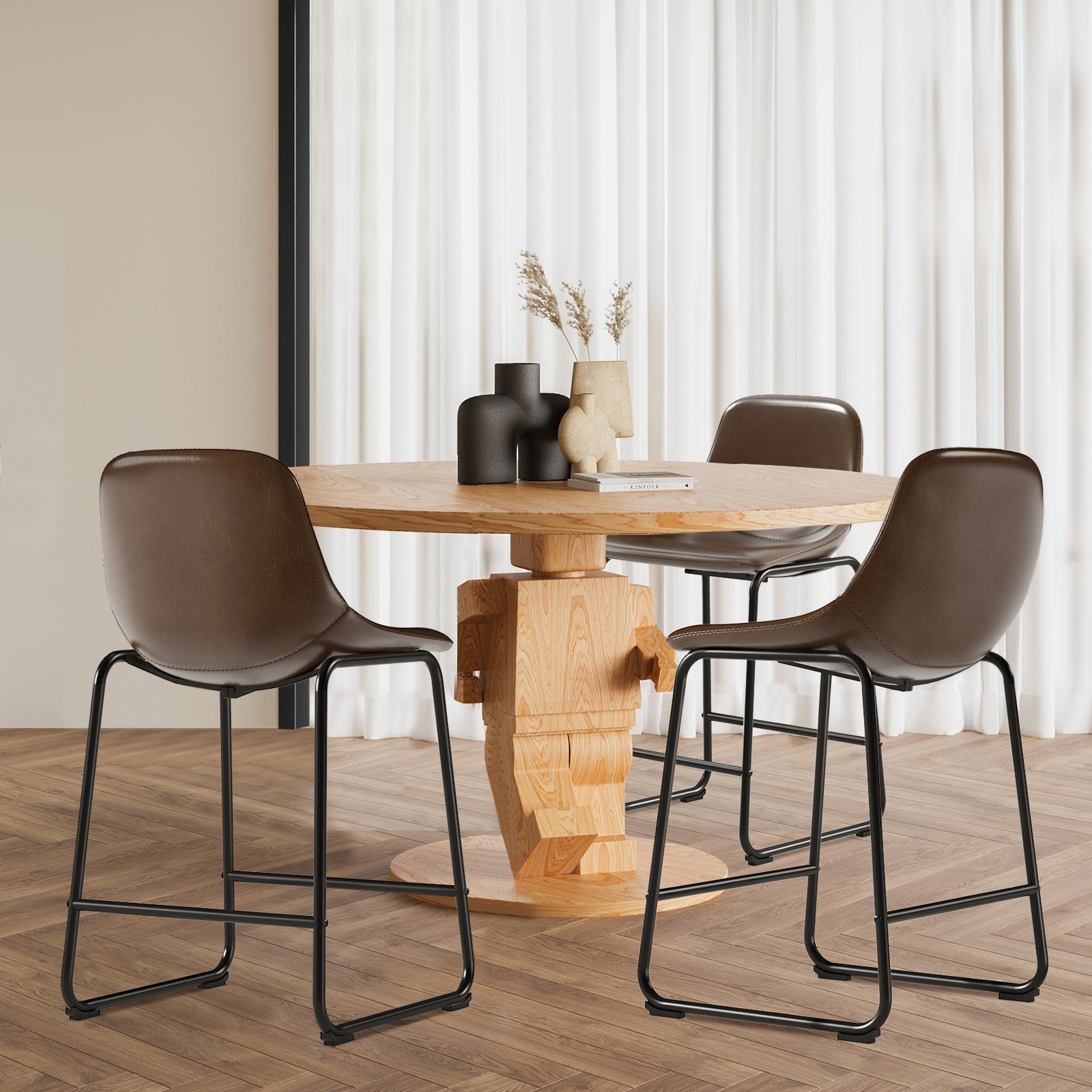 RTVR Counter Height Bar Stools Set of 3, Dining Chairs for Home Kitchen Island, Support 500 lbs,Counter Stool with Back, Modern Faux Leather Barstools with Metal Legs and Footrest,Brown