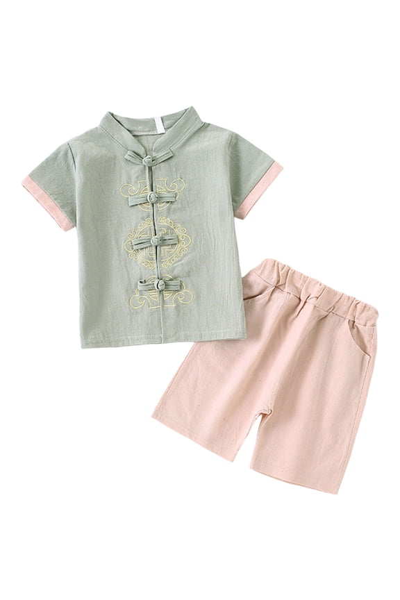 Boys Chinese Traditional Summer Outfits Short Sleeve Mandarin Collared Shirts Tops and Elastic Waist Shorts Tang Suits Green
