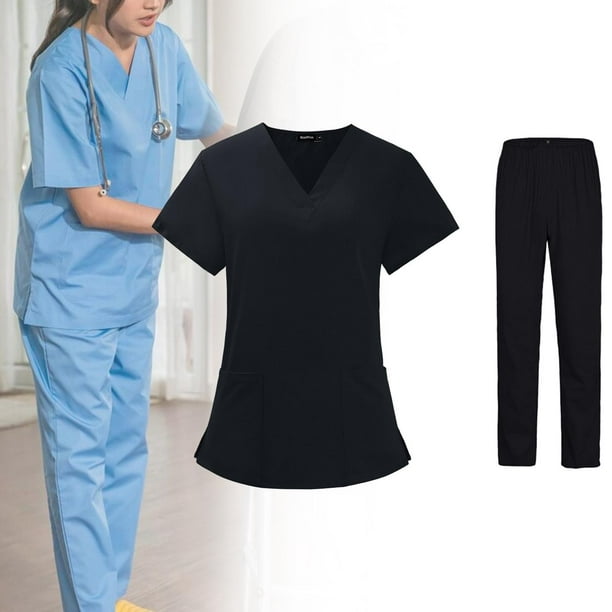 Runquan Woman Black Scrubs Set Work Uniforms Top and Pants Scrub for Pet  Workers Size L 