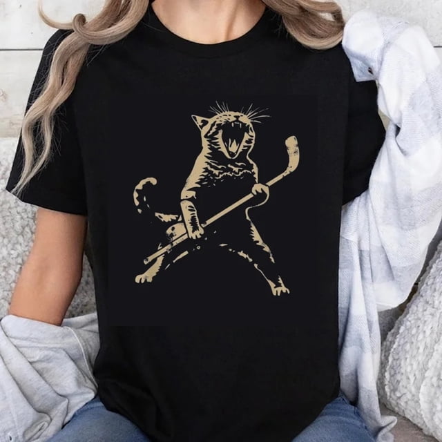 Playera de Mujer 100% Algodón con Gato Jugando Hockey
