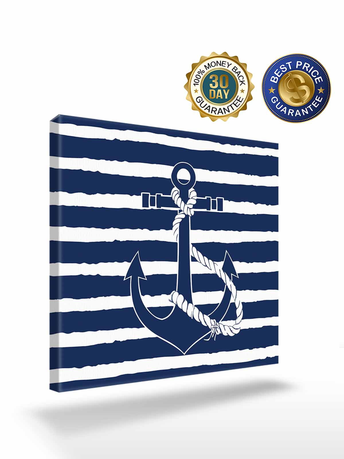 Nautical Canvas Wall Art, Navy Blue and White Striped Retro Anchor Framed Wall Decor Modern Artwork Prints Painting for Living Room, Bedroom, Kitchen & Cafe Decor 12x12 Inch