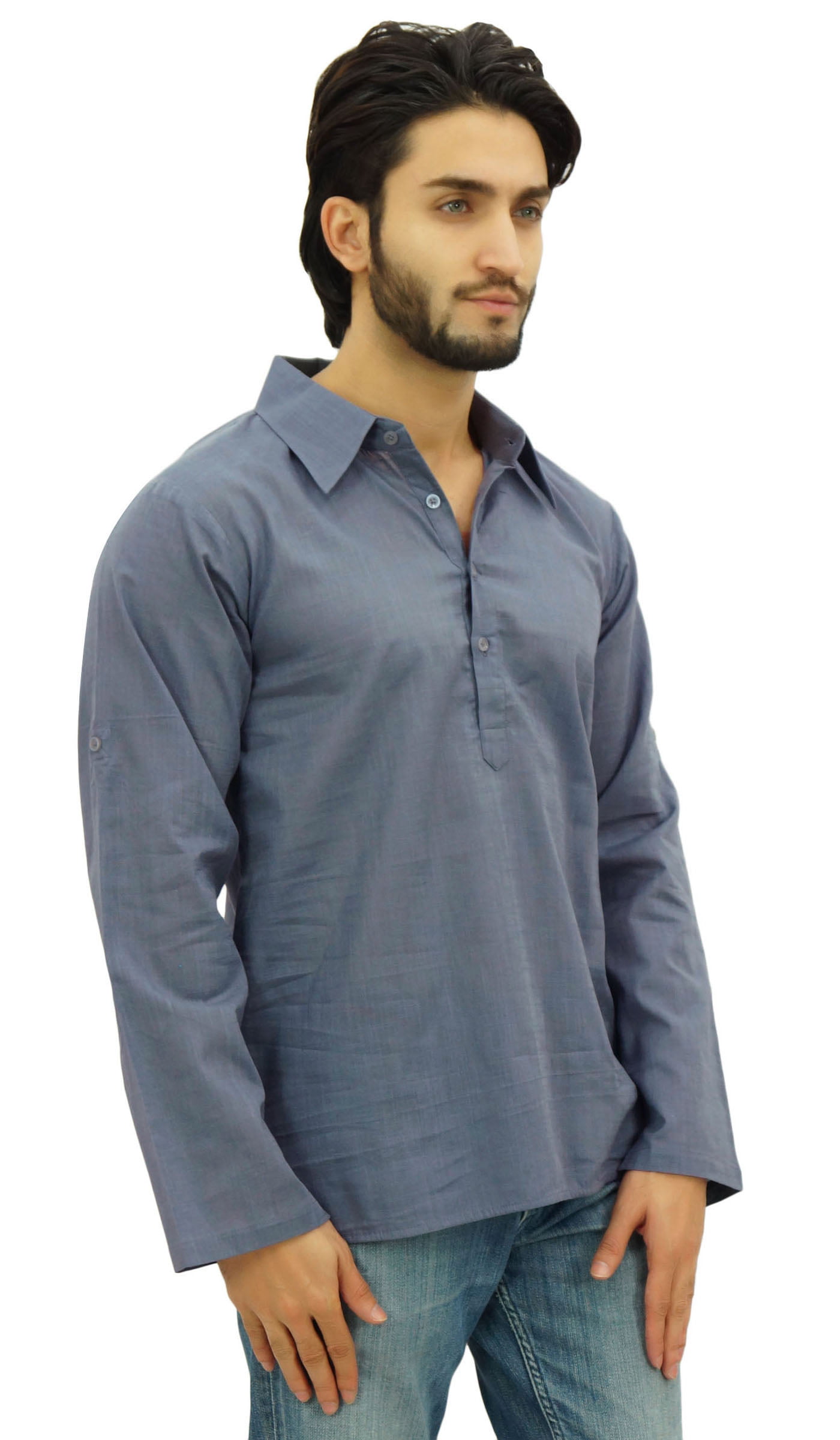 Atasi Men's Kurta Roll-Over Blue Shirt Collar Neck Ethnic Indian Clothing 