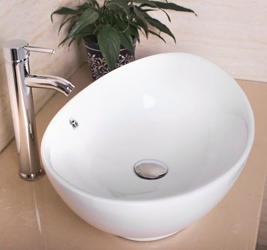 Walcut Modern Bathroom Oval Ceramic Porcelain Vessel Sink Bowl w/Chrome Faucet Combo White