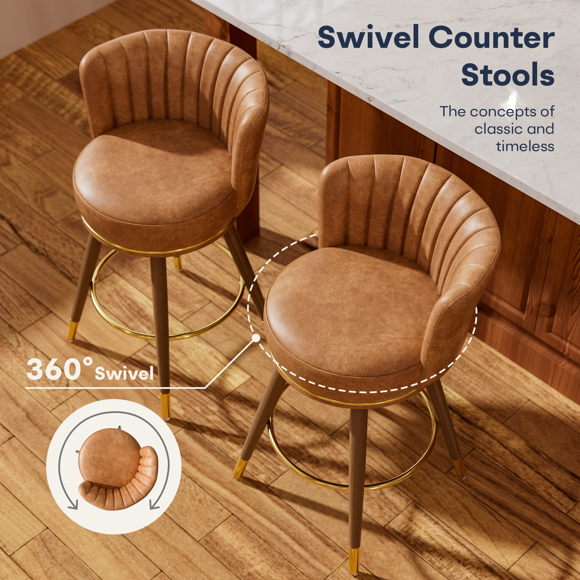 Ninecer Counter Height Bar Stools Set of 4, 26 Inch Swivel PU Leather Bar Chairs with Back and Footrest, Round Low Back Barstools for Kitchen Island Dining Room, Brown