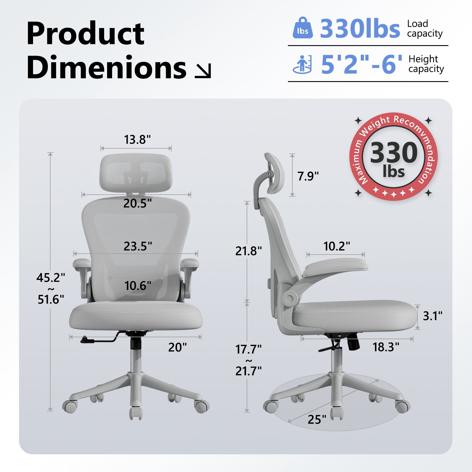 HomeZeer Desk Chairs with Wheels, Mesh Office Chair with Lumbar Support, Ergonomic High Back Office Chair with Adjustable Headrest, Task Chair Flip-up Arms, Executive Office Chair Home Office, Gray