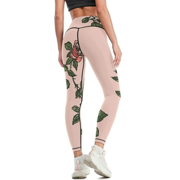 Rose Pattern High Waisted Leggings for Women Regular & Plus - No See Through Tummy Control Cycling Workout Yoga Pants without Pockets S