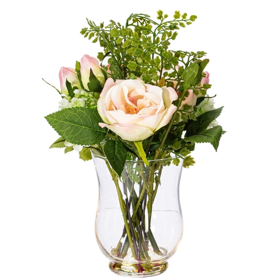 Vickerman 11"  Artificial Pink Rose In Glass Vase.