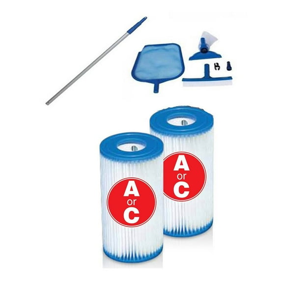 Intex Pool Cleaning Vacuum Skimmer & Pole Set   Type A or C Filter Cartridges