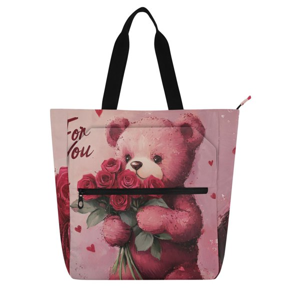 DIXRUYEE Book Tote Bag Casual Style Creatively Bear with Roses for You Printed