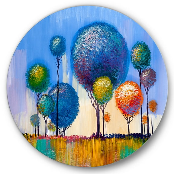 Designart 'Colourful Landscape Trees Impressionist I' Modern Circle Metal Wall Art 36x36 - Disc of 36