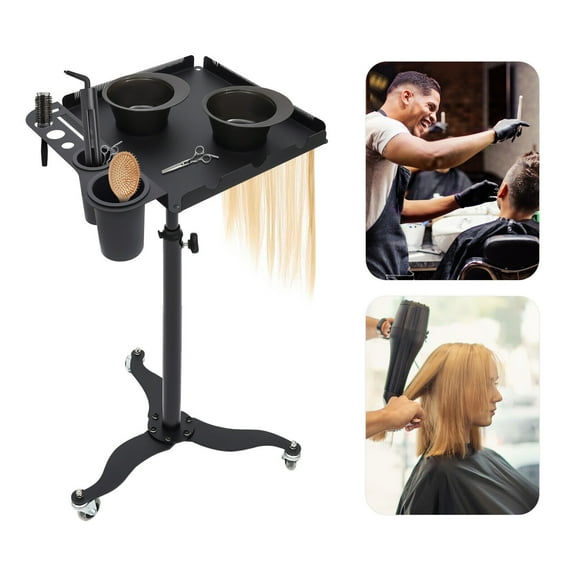 Rolling Tray Cart Height Adjustable for Hair Stylist, Salon Tray with 2 Bowls, Removable Hair Extension Tool Tray