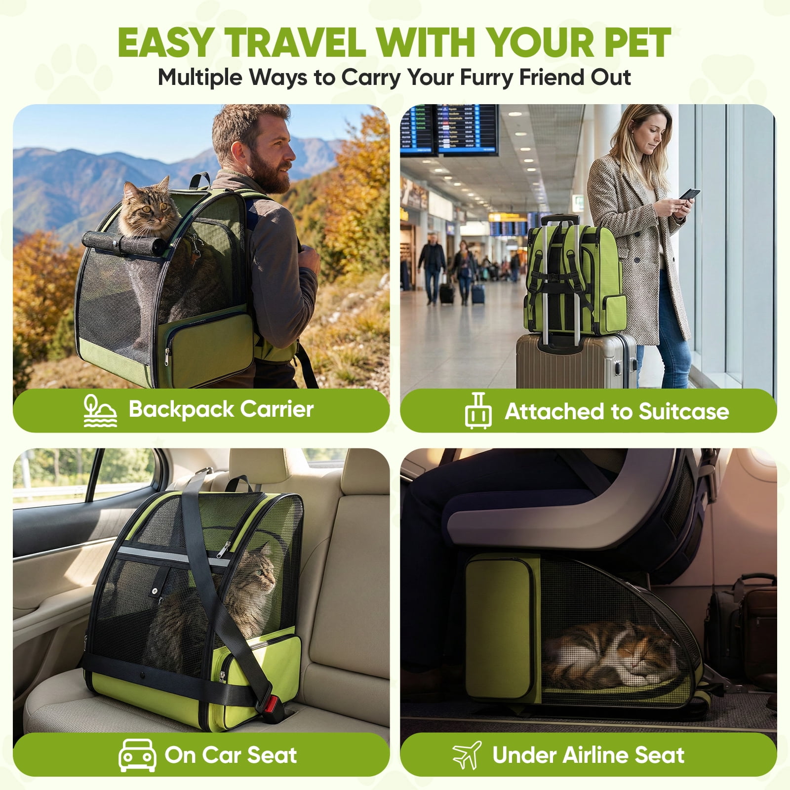 Cat Carrier Backpack Expandable Breathable Pet Carrier for Large Cat Puppy Outdoor Travel Pet Backpack with Vantilated Mesh, Green