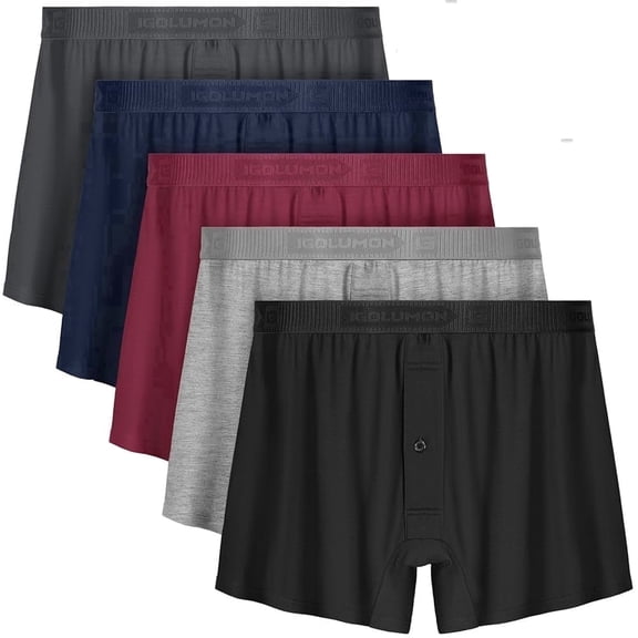 5 Pack Mens Underwear Bamboo Rayon Relaxed Fit Boxer Shorts with Button Fly, Soft and Breathable Comfort, M