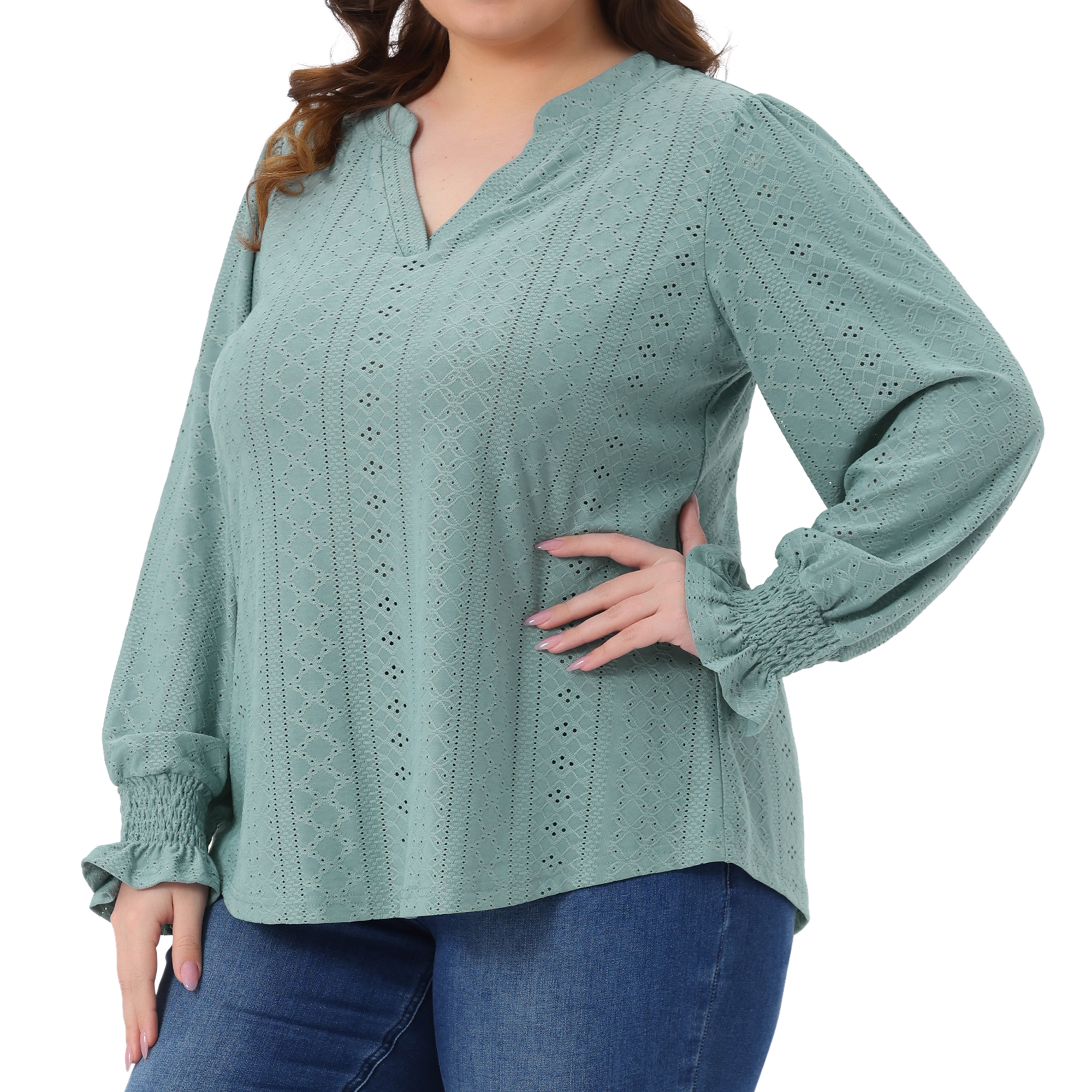 DARING DIVA Women's Plus Notched V Neck Eyelet Smocked Shirts Blouses 2X Bean Green