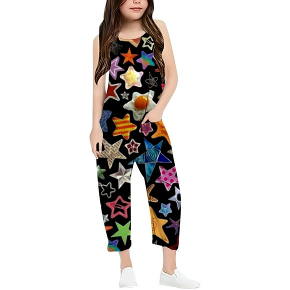 Big Girls Casual Pants Printed V Strap Romper Loose With Pocket Long Pants for Kids Pantalon Pour Filles Size 13-14T