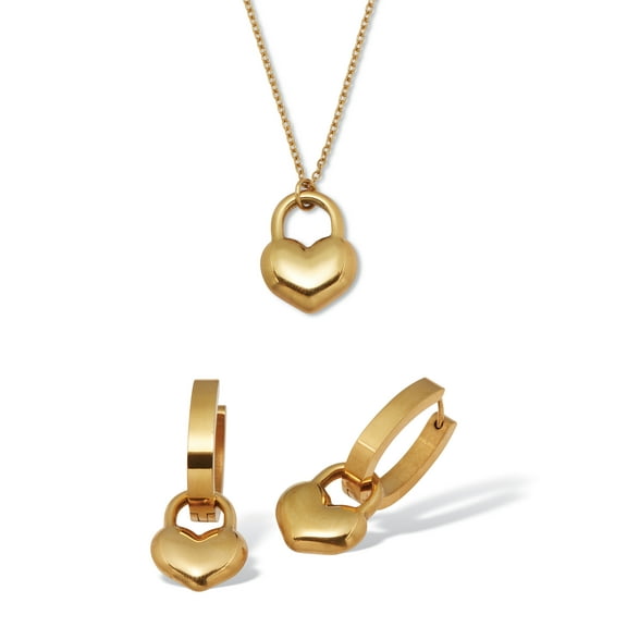 Yellow Gold Ion-Plated Stainless Steel Heart Pendant Necklace Set 18-inch