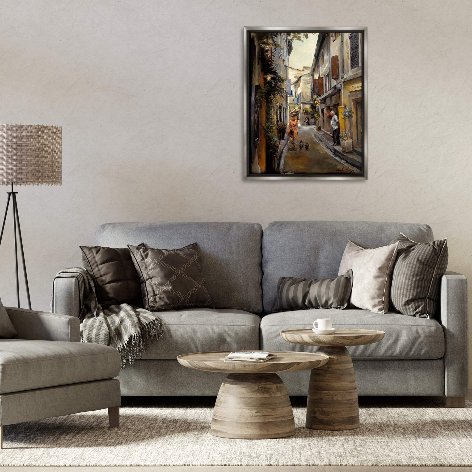 Stupell Industries European City Dog Walk Buildings & Architecture Painting Gray Floater Framed Canvas Art Print Wall Art, 25 x 31