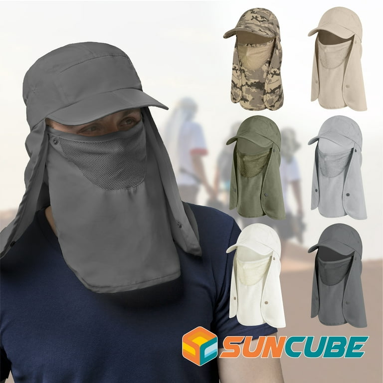 SUN CUBE Fishing Sun Hat with Neck Flap for Men UV Protection Cover Outdoor  Bucket Cap with Face Covering for Hiking Running, Beige, One Size :  : Clothing & Accessories