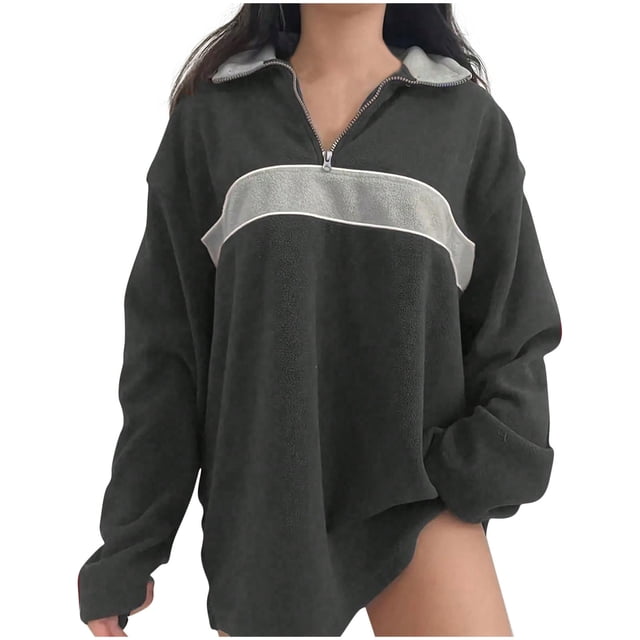 cfhntfmh Sweatshirts for Women Oversized Long Sleeve Zip up Pullover Sweater Trendy Color Block Collared Fall Outfits